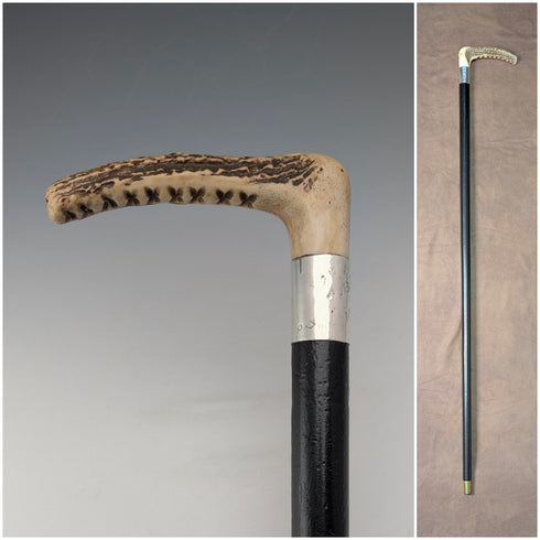 1914 年英國古董黑軸 L 形鹿角手柄純銀裝飾手杖 手杖 88 厘米